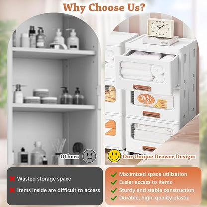 VECELO Plastic Storage Cabinet with Drawers, Stackable Storage Bins with Wheels, Waterproof Bathroom Storage Organizer, Multi-Tier Storage Drawers for Bedroom, Living Room, Kitchen, Medium 3-Tier