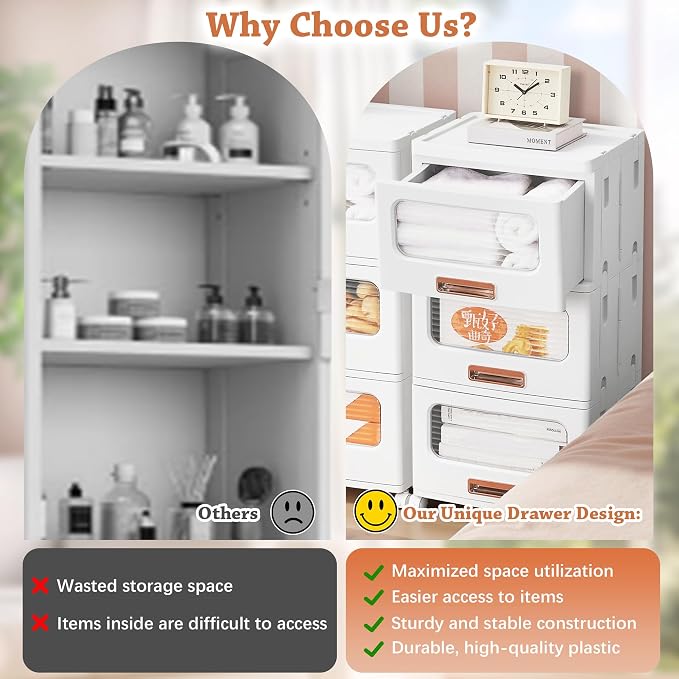 VECELO Plastic Storage Cabinet with Drawers, Stackable Storage Bins with Wheels, Waterproof Bathroom Storage Organizer, Multi-Tier Storage Drawers for Bedroom, Living Room, Kitchen, Medium 2-Tier