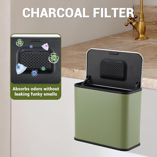 1.3 Gallon/5L Slim Stainless Steel Trash Can with Lid, Odor Control Charcoal Filter, Removable Bucket, Hanging/Wall Mounted/Standing Waste Bin for Kitchen, Bathroom, Bedroom, Office - Green