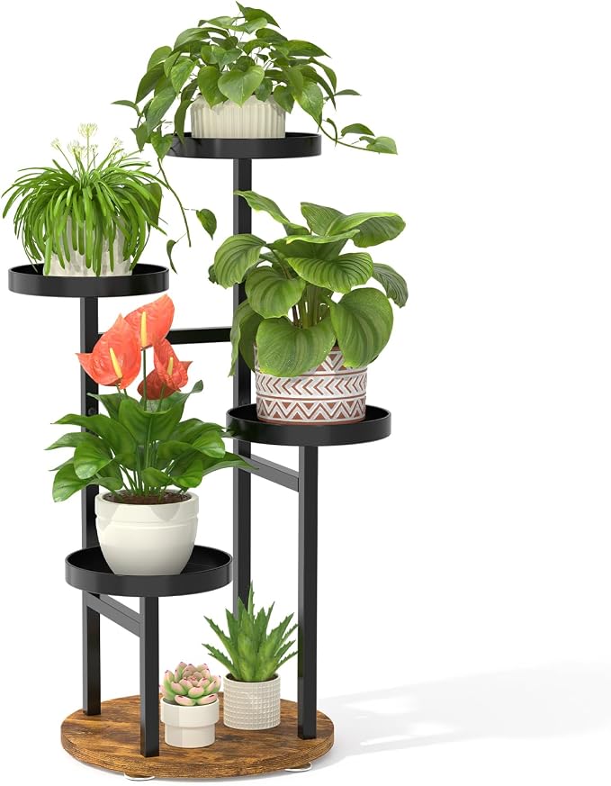 LASZOLA 4 Tier Metal Plant Stand for Indoor Corner, Heavy Duty Wooden Flower Holder Rack for Mutiple Plants, Planter Display Shelf for Patio Garden Balcony Living Room, Black