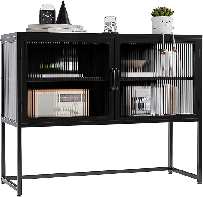 GarveeHome Buffet Cabinet with Glass Doors, Sideboard Cabinet with Adjustable Shelves, Freestanding Glass Storage Cabinet for Kitchen, Living Room, Dining Room, Black