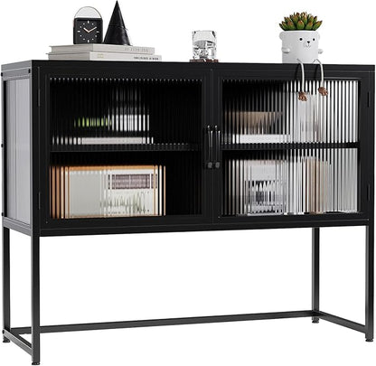 GarveeHome Buffet Cabinet with Glass Doors, Sideboard Cabinet with Adjustable Shelves, Freestanding Glass Storage Cabinet for Kitchen, Living Room, Dining Room, Black
