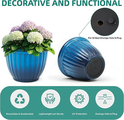 Autodaya 15" Large Flower Pots Set of 2 Plastic Planters for Outdoor Plants | Plant Pot with 3D Textures, Gradient Cobalt Blue Glaze, Weather-Resistant for Porch, Garden, Patio or Indoor Use