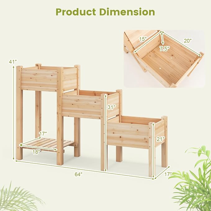 HAPPYGRILL 3-Tire Raised Garden Bed, Wooden Raised Planter Box with 3 Planter Boxes, Drainage Holes, Open Storage Shelf, Outdoor Garden Bed with Legs for Plant, Fruit, Vegetable, Flower, Herb