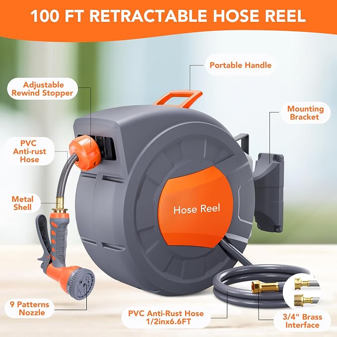 IDEALHOUSE Garden Hose Reel, 1/2 in x 100 ft Wall Mounted Retractable Water Hose Reel with 9 Function Sprayer Nozzle, Any Length Lock, 180° Swivel Bracket, Automatic Rewind and Slow Return System