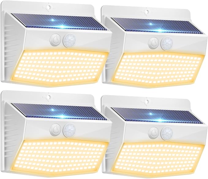 Peasur Solar Outdoor Lights, [4 Packs] Motion Sensor Security Lights with 3 Lighting Modes Wall Lights Waterproof Solar Powered Lights for Garden Yard, White Warm