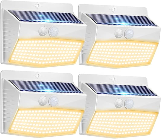 Peasur Solar Outdoor Lights, [4 Packs] Motion Sensor Security Lights with 3 Lighting Modes Wall Lights Waterproof Solar Powered Lights for Garden Yard, White Warm