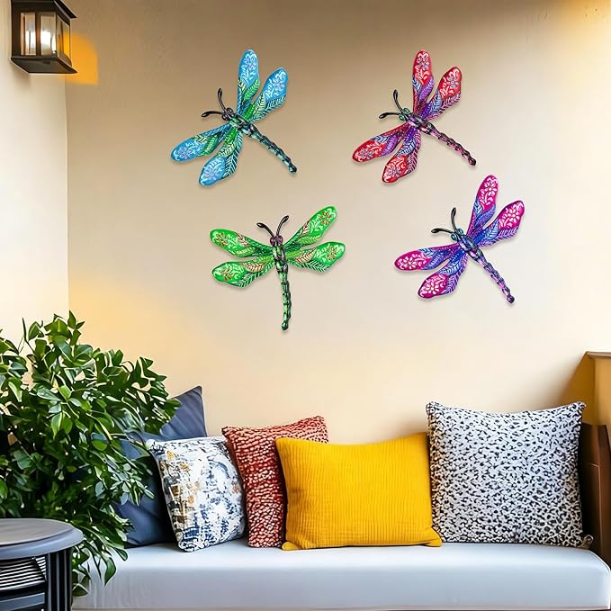SUNREEK Metal Dragonfly Wall Decor - 9.6" Outdoor Fence Wall Art, Hanging Decorations for Garden Yard Patio Room Decorations, 4 Pack (Color-5)