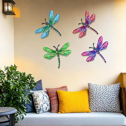 SUNREEK Metal Dragonfly Wall Decor - 9.6" Outdoor Fence Wall Art, Hanging Decorations for Garden Yard Patio Room Decorations, 4 Pack (Color-5)