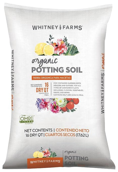 Whitney Farms Organic Potting Soil - Natural Indoor and Outdoor Container Mix, Organic Potting Soil for Vegetables, Herbs and Flowers, Feeds Plants up to 2 Months, 16 qt.