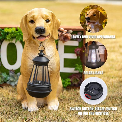 Garden Dog Statues Outdoor Decor, Golden Retriever Yard Outdoor Statue with Solar Lantern Lights Decorations Solar Dog Ornaments for Patio, Lawn, Yard Art Decoration, Housewarming Garden Gift for Mom