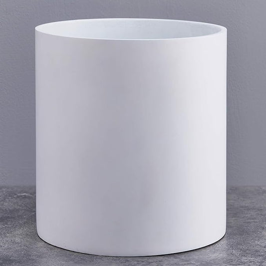 FaithLand 14 Inch Fiberstone Planter - Lightweight Modern Cylinder Plant Pot with Drainage Hole & Plug, Indoor Outdoor Use, Matte White