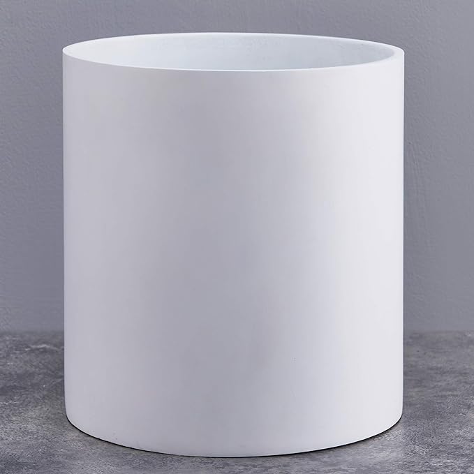 FaithLand 12 Inch Fiberstone Planter - Lightweight Modern Cylinder Plant Pot with Drainage Hole & Plug, Indoor Outdoor Use, Matte White