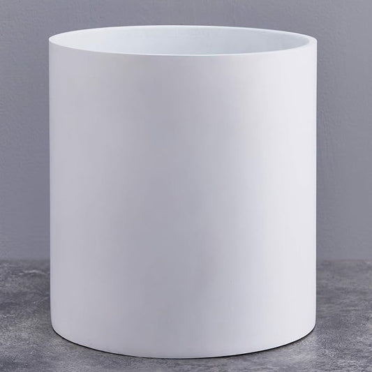 FaithLand 10 Inch Fiberstone Planter - Lightweight Modern Cylinder Plant Pot with Drainage Hole & Plug, Indoor Outdoor Use, Matte White