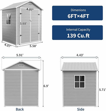 Outdoor Storage Shed with Floor, Plastic Resin Garden Shed with Window & Sloping Roof & Lockable Door for Patio Backyard Garden, Lawn Mower, Bike, Tool Storage (Light Gray, 6' x 4')