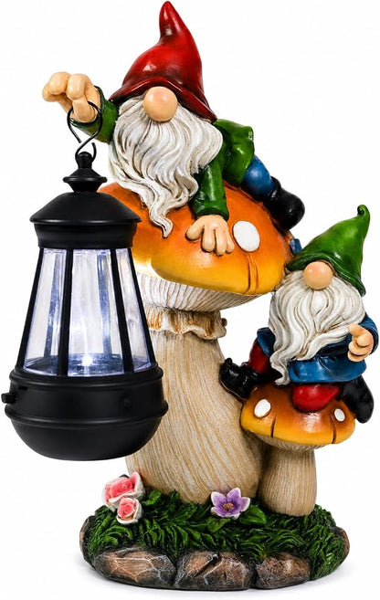 Garden Gnome Statue, Large Funny Gnome Figurine Climbing on Mushroom and Holding a Solar LED Lantern Resin Ornament for Patio Yard Lawn Porch Outdoor Decor