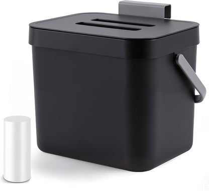 Countertop Compost Bin Kitchen, 1.8 Gallons Hanging Trash Can with Lid for Kitchen Cabinet Door, Under Sink, Wall Mounted Waste Bin for Bathroom, 7L(Black)