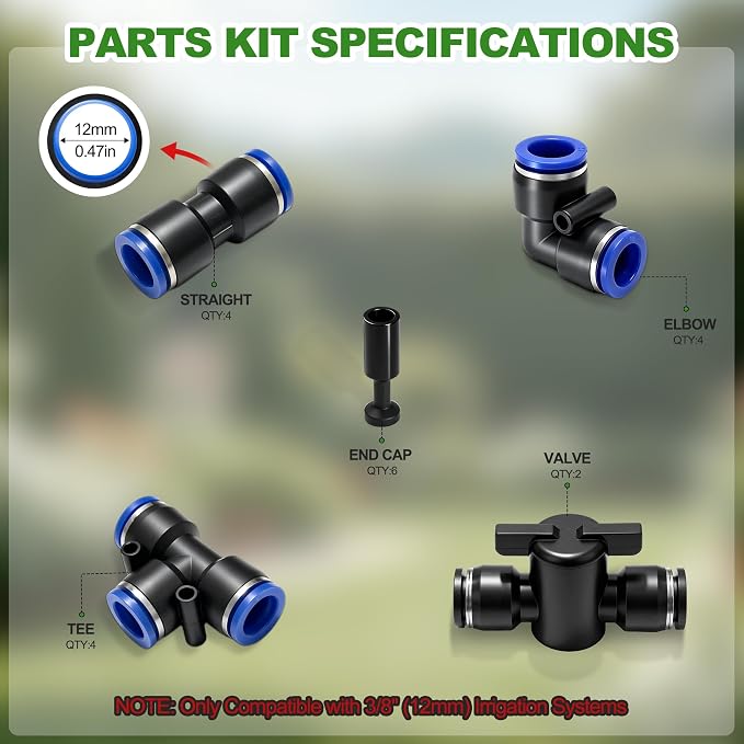 20PCS 3/8" Drip Irrigation Fittings, Quick Connect Garden Irrigation Parts | Drip Irrigation Fittings, Tees Elbows Straigh Valves and End Caps, Irrigation System for Garden, Lawn, Yard, Greenhouse