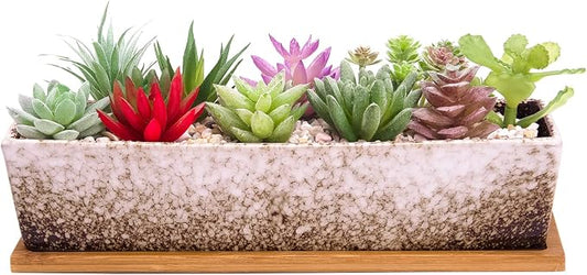 Succulent Pots - Large Succulent Planter Pots with Drainage, 12 Inch Long Rectangle Bonsai Pot with Bamboo Tray Shallow Ceramic Cactus Flower Planter Window Box for Home Garden Decor (White)