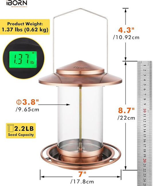 iBorn Metal Bird Feeders for Outdoors, Brushed Copper, 6 Port, 2.2LB | For Cardinal, Chew Proof, 18cm Large Roof & Tray, Hanging