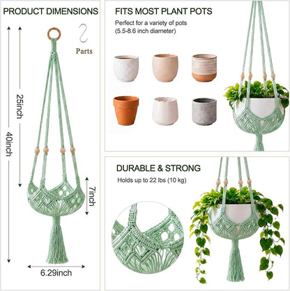 Shappy 1 Pack Boho Macrame Plant Hanger, Large Hanging Planter Plant Holder Pot Hanger Hanging Basket Wall Planters, Plants Lover Gift for Indoor Garden (Wooden Ring and Wooden Beads,Sage Green)