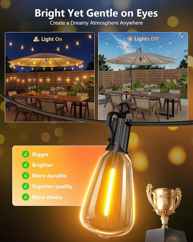 Brightown 38FT Solar String Lights Outdoor Waterproof with Remote, 15+1 LED Shatterproof Bulbs, Dimmable & Timable, 3 Light Modes - Commercial Grade Patio Lights for Garden Backyard Party Decor