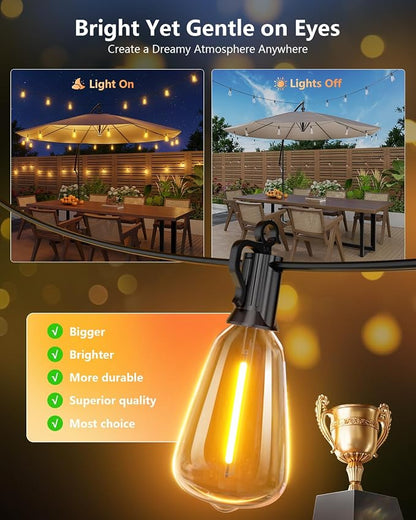 Brightown 52FT Solar String Lights Outdoor Waterproof with Remote, 15+1 LED Shatterproof Bulbs, Dimmable & Timable, 3 Light Modes - Commercial Grade Patio Lights for Garden Backyard Party Decor