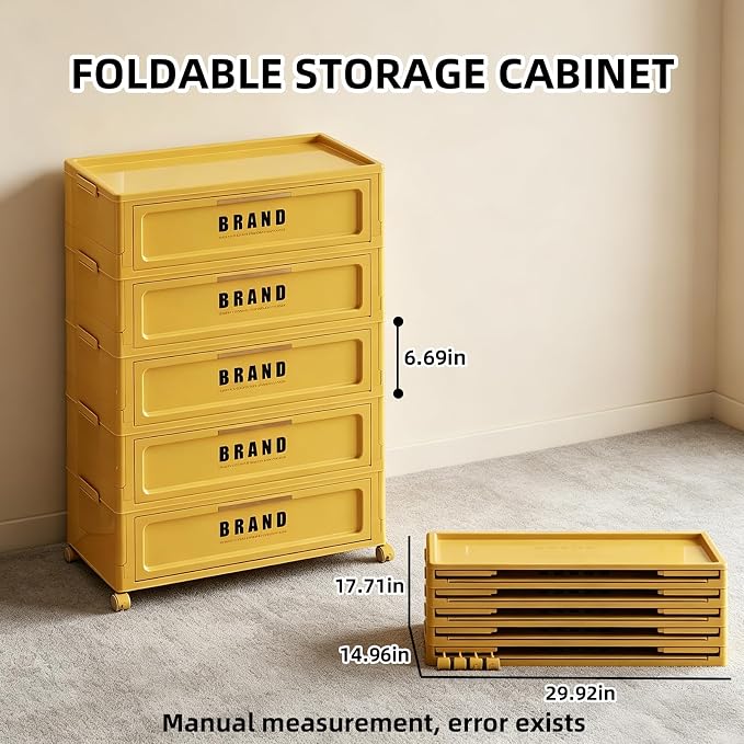 Foldable Storage Cabinet with Doors & Locking Wheels, 5-Tier Large-Capacity Organizer, No-Tool Setup, Impact-Resistant ABS Construction for Dorm, Pantry, Laundry, and Living Spaces
