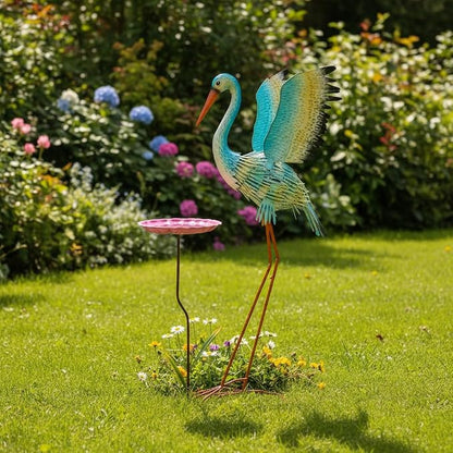 Large Heron Garden Statue for Outside,39" Crane Outdoor Statues with Leaf Tray,Metal Yard Art for Porch Backyard Patio Lawn Decor（Green+Pink）