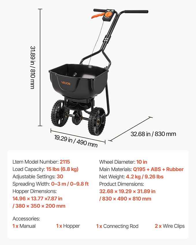 VEVOR Broadcast Spreader, 9.8ft Spreading Width, Push Broadcast Spreader with 10" All-Terrain Tires, Adjustable Flow Control, 15lbs Capacity Hopper, Lawn Spreaders for Fertilizer Seed Small Home Use