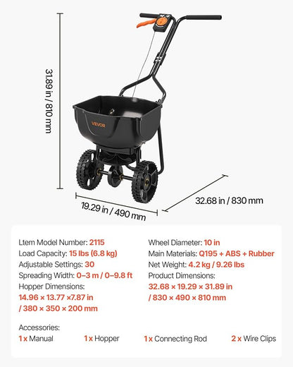 VEVOR Broadcast Spreader, 9.8ft Spreading Width, Push Broadcast Spreader with 10" All-Terrain Tires, Adjustable Flow Control, 15lbs Capacity Hopper, Lawn Spreaders for Fertilizer Seed Small Home Use