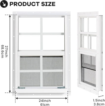 Shed Windows 2 Pack, Chicken Coop Windows 24" x 27" White | Flush Mounted Small Windows with Tempered Glass and Fiberglass Screen for Shed, Barns, Playhouse, Household, Garage