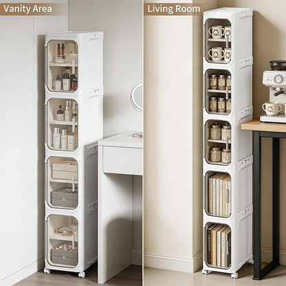 LXLXXL 4-Tier Narrow Storage Cabinet Slim Bathroom Storage Cabinet with Movable Wheels Tall Bathroom Organizer Skinny Cabinet for Small Spaces，White