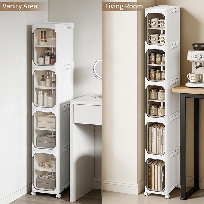 5-Tier Narrow Storage Cabinet Slim Bathroom Tall Skinny Organizer | Movable Slim Storage Cabinet with Lockable Rolling Wheels Adjustable Detachable Shelves Snap Assembly for Small Spaces,White