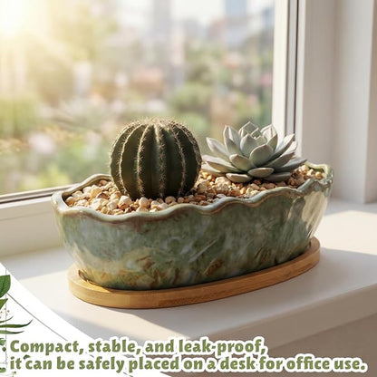 Succulent Pot 11 Inch Large Succulent Planters with Drainage Ceramic Bonsai Pot with Bamboo Tray Round Shallow Planter for Indoor Cactus Flower Planter Window Box for Home Garden Decor (Green)
