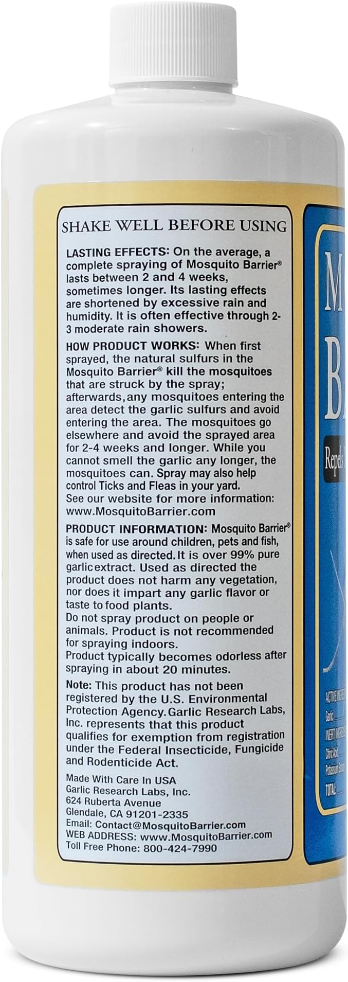 Mosquito Barrier Liquid Garlic Mosquito Repellent Concentrate, 32 fl oz – Professional Outdoor Treatment for Lawns, Landscapes & Perimeter Areas – Yard & Home Mosquito Protection