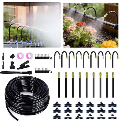 50ft Drip Irrigation System with 18pcs 360° Adjustable Misting Sprinkler Kit, Garden Watering System for Raised Bed, Greenhouse, Patio, Yard