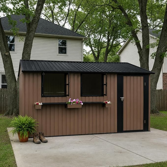KEIKI 12x10 FT Outdoor Metal Storage Shed with 3 Clear Windows, Walk in Lockable Single Door Heavy Duty Steel Utility Shed Waterproof Rust Resistant Windproof for Backyard Garden Yard, Brown
