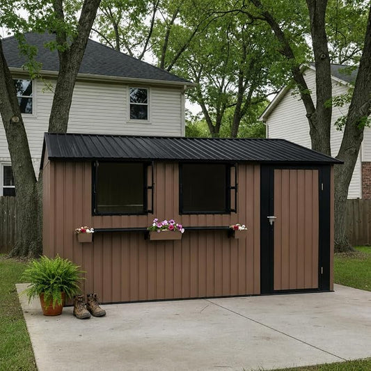 KEIKI 12x10 FT Outdoor Metal Storage Shed with 3 Clear Windows, Walk in Lockable Single Door Heavy Duty Steel Utility Shed Waterproof Rust Resistant Windproof for Backyard Garden Yard, Brown