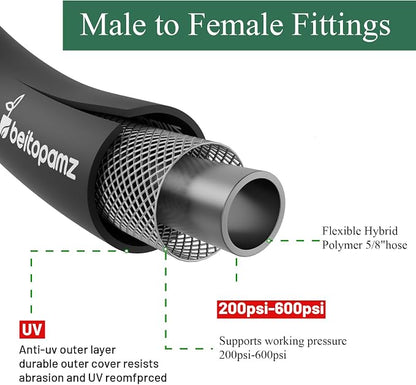 Beitopamz 100 ft Garden Hose, 5/8 in Heavy Duty Water Hose, Flexible and Durable, Lightweight Rubber Hybrid Hose, Leak-Free Connections, Male to Female 3/4'' Brass Fittings for Patio, Lawn, Black