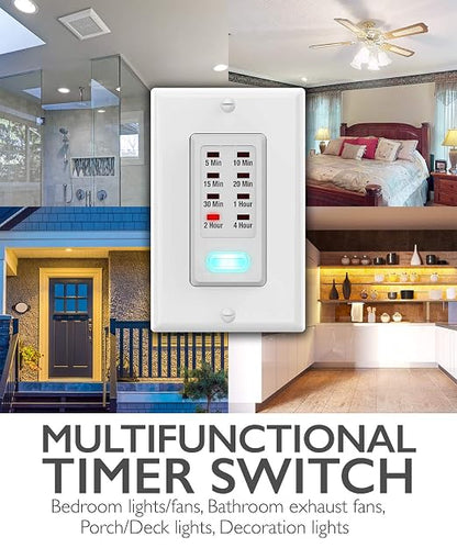 Fosmon Countdown Light Timer Switch for Bathroom, Heaters, 5-10-30-60 Min, 2-4 Hour Programmable in-Wall Timer Switch with 9 Settings 1875W, Neutral Wire Required, 2PACK, ETL Listed