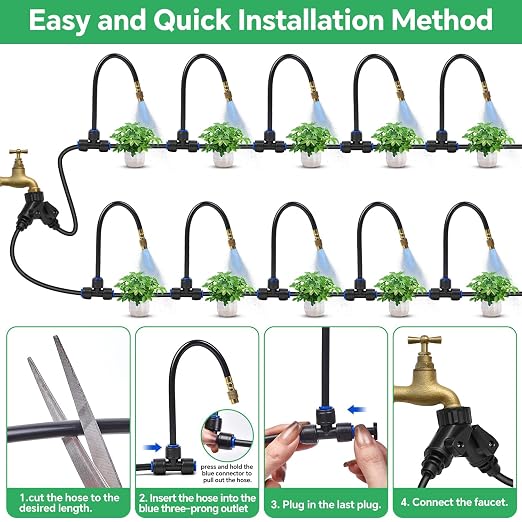 120Ft 1/4" Drip Irrigation System for Garden – 26 Adjustable Copper Nozzles, Automatic Atomizing Sprinkler System for Outdoor Plants Raised Bed, Yard, Potted Plants & Lawn