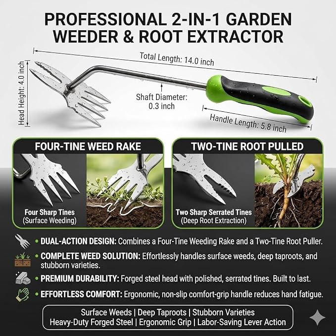 Weed Puller Tool Set - 2-Piece Hand Weeding Kit with Stainless Steel Weeder & Manganese Steel Cultivator, Precision and Power Combo for All Garden Weeds (2 PCS)