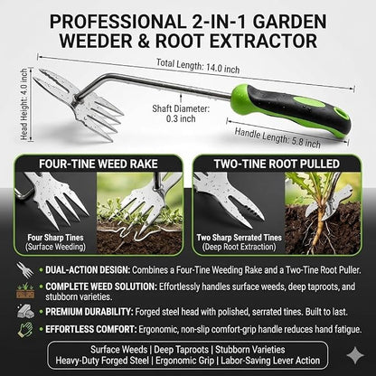 Weed Puller Tool Set - 2-Piece Hand Weeding Kit with Stainless Steel Weeder & Manganese Steel Cultivator, Precision and Power Combo for All Garden Weeds (2 PCS)