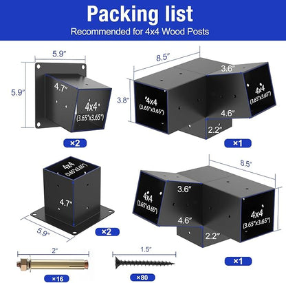 15° Slanted Roof Pergola Brackets, 3-Way Roof Wall Mount Extension Pergola Kit, Angled 4''x4'' Wood Post Base Bracket, Corner Bracket for Gazebos, Patio Pergolas, Log Cabin (6PCS)