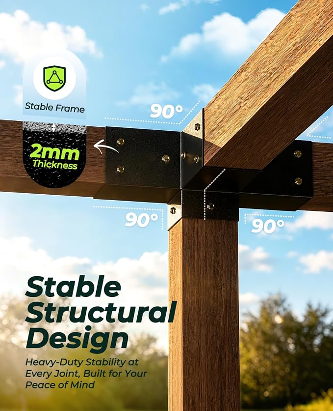 Pergola Kit for 4"x4" Lumber (Actual 3.6"x3.6"), Heavy Duty Steel Pergola Brackets Kit with 3-Way & 4-Way Corner Brackets + 6 Post Bases, DIY Gazebo Hardware Kit for Patio Backyard Garden, 2mm Thick