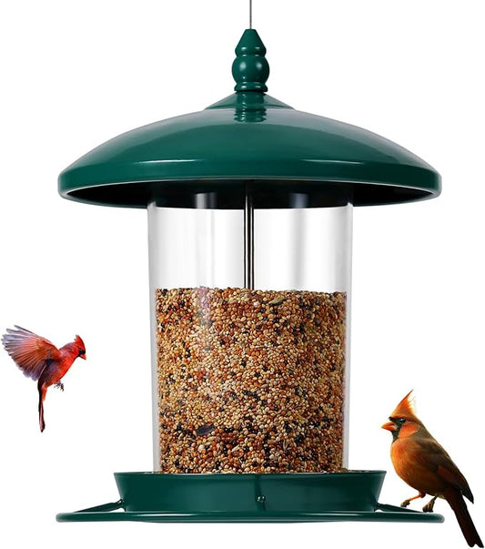 Metal Bird Feeder for Outdoors Hanging,3.0LB Seed Feeder,Easy to Fill & Clean,360° Feeding,Chew Proof Weatherproof Roof for Gardens and Wild Birds,Green