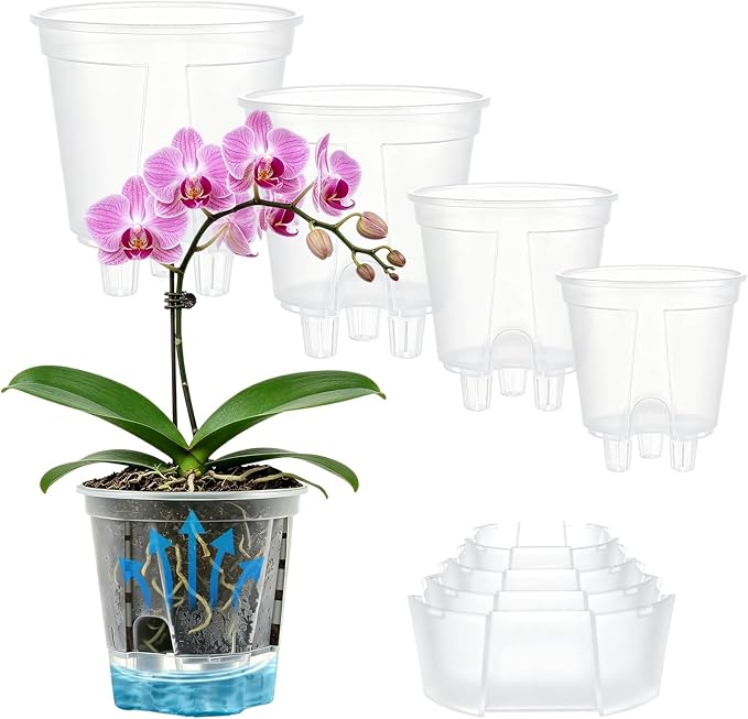 Cdd's Path Self Watering Pots Set with Deep Water Tank, Large Drainage Holes, Reservoir & Air Pipes, 5/6/7/8 Inch Naked Root Planter for Indoor Outdoor Plants, Flowers, Seedlings, Clear, 4 Pack