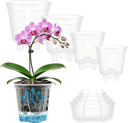 Cdd's Path Self Watering Pots Set with Deep Water Tank, Large Drainage Holes, Reservoir & Air Pipes, 5/6/7/8 Inch Naked Root Planter for Indoor Outdoor Plants, Flowers, Seedlings, Clear, 4 Pack