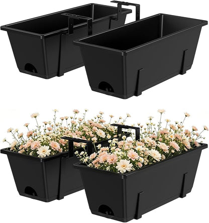 Railing Planter Box Adjustable Window Boxes Planters Set of 2, Black Hanging Balcony Planters with Removable Brackets, 17 Inch Outdoor Plastic Flower Pots for Fence, Deck Railing, Porch, Patio Garden